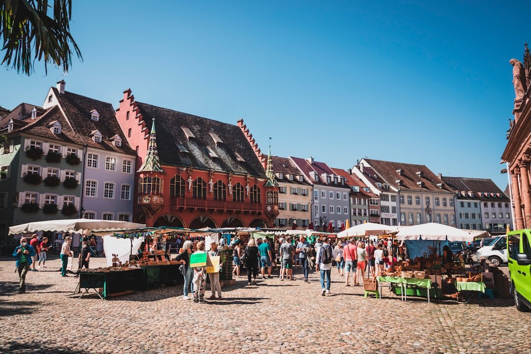Market day in a small Danish town square with locals